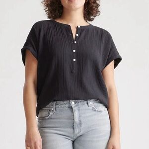 Quince Women's Black Gauze Rolled Cuff Short Sleeve Button-Up Tunic Top XL